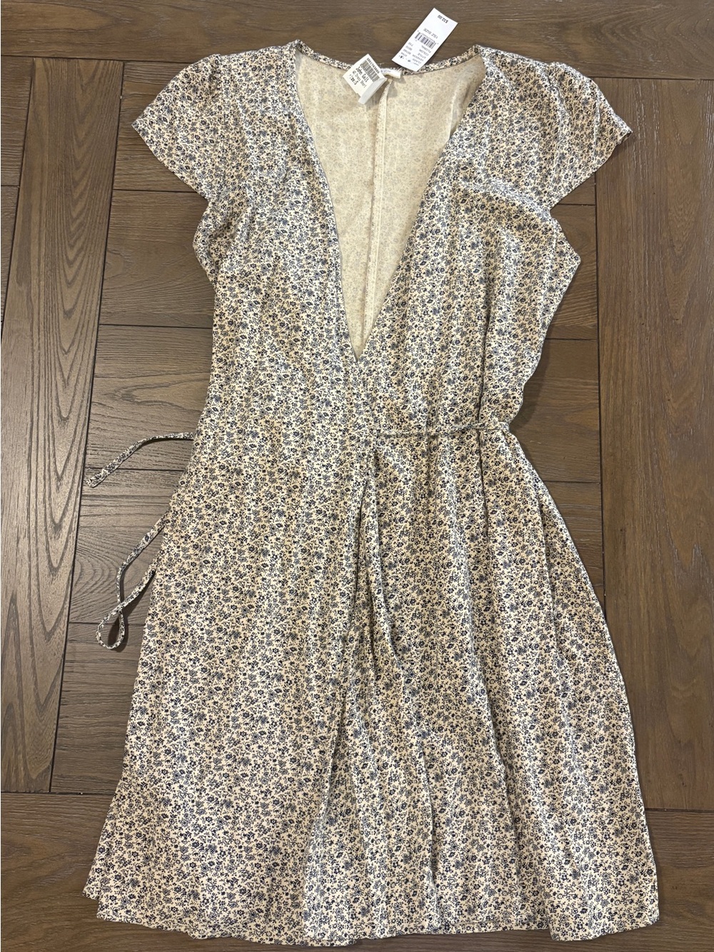 Brandy Melville Beige Mini Wrap Dress with Blue Floral Print